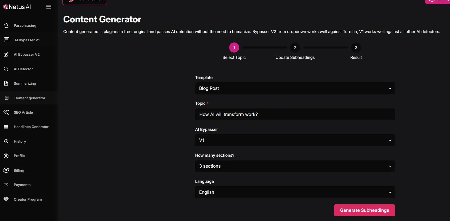 “NetusAI Content Generator with template, topic, Bypass version, Sections and language is mentioned”