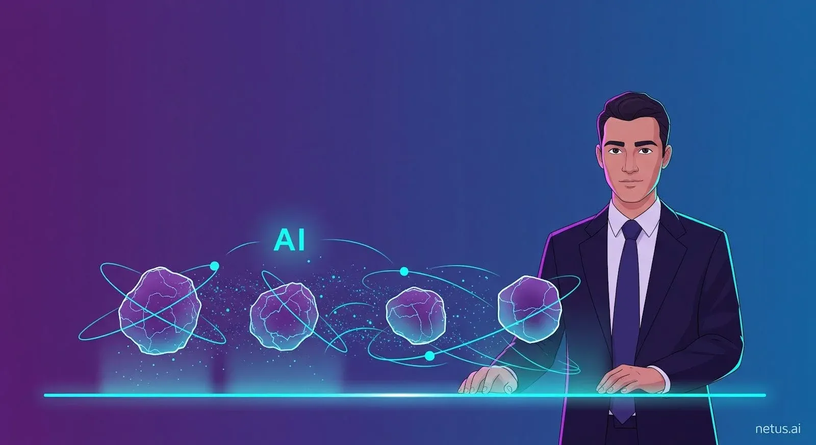 Character is shown using AI tools for better business writing. NetusAI.