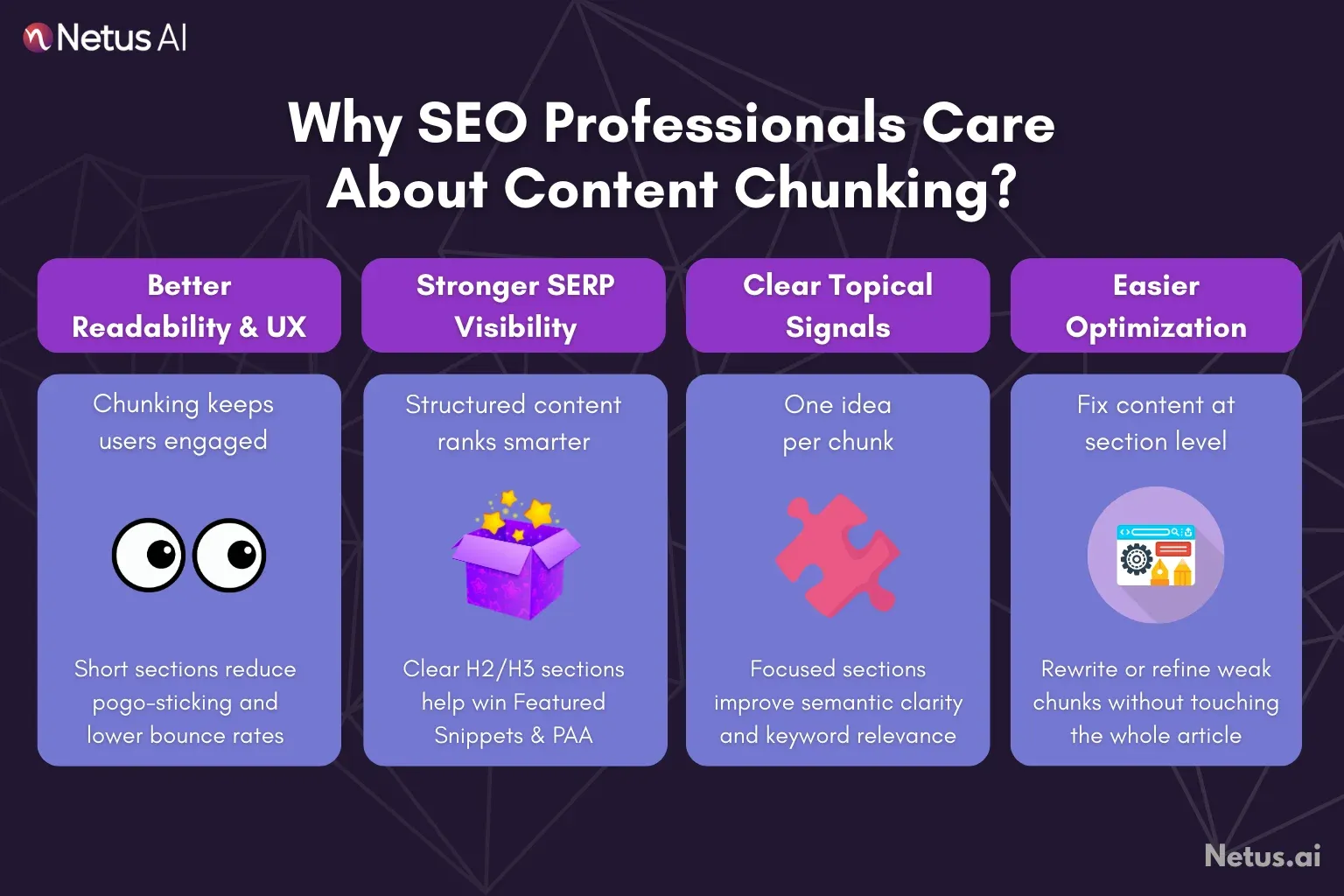 Reasons why SEO people care about content chunking are shown. NetusAI