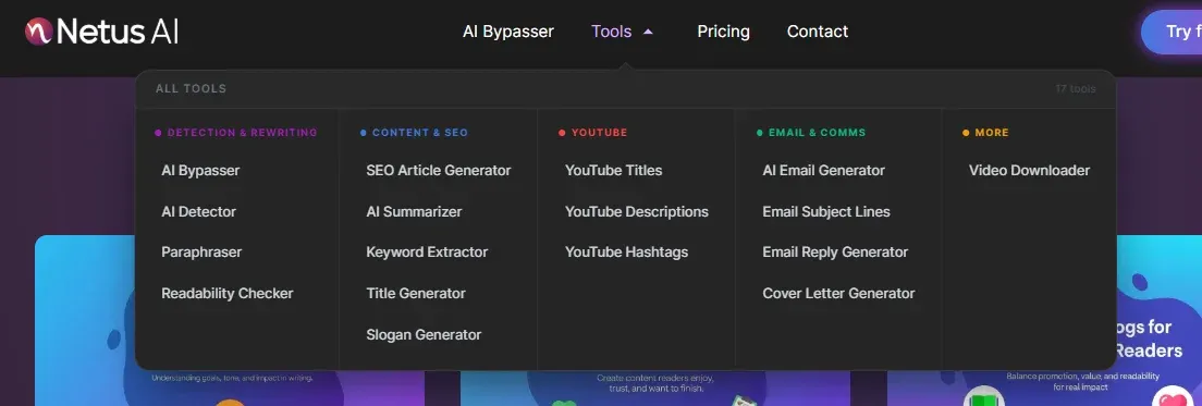 NetusAI dashboard interface demonstrating the suite of AI tools for content optimization and SEO checking.