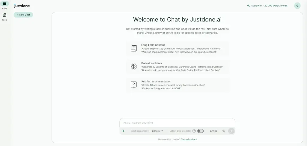JustDoneAI’s features, Chat is shown, NetusAI.