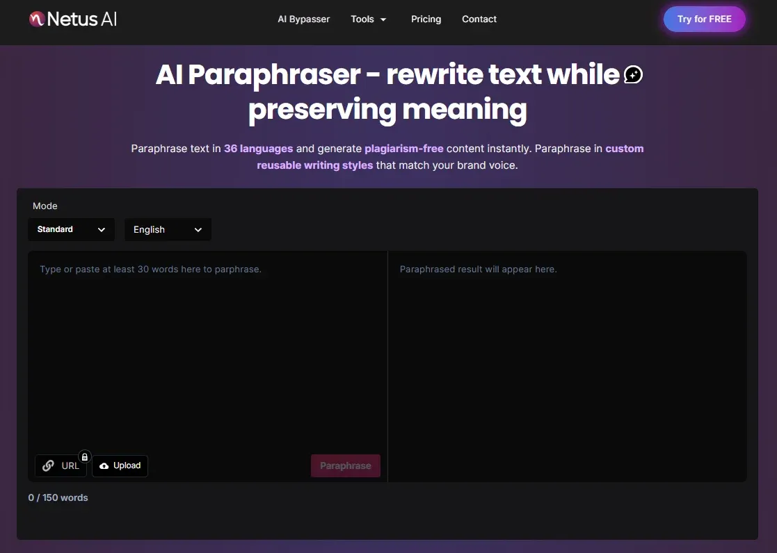 NetusAI paraphrasing tool interface showing a character input limit and options to copy or submit rewritten content.