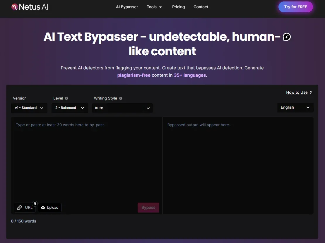 Screenshot of the NetusAI AI Bypasser tool showing the V2 engine interface and verdict scoring (Human, Unclear, Detected).