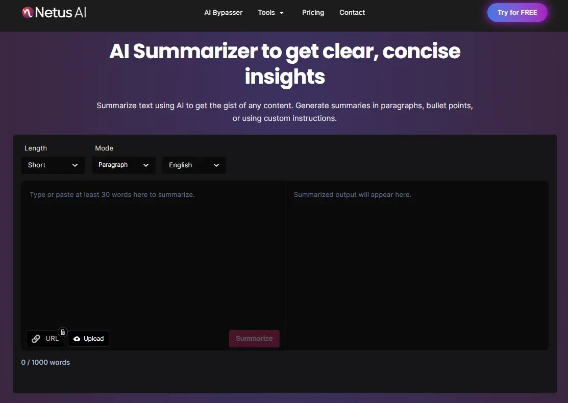 Screenshot of the NetusAI AI Summarizer tool interface showing a concise, readable summary output.