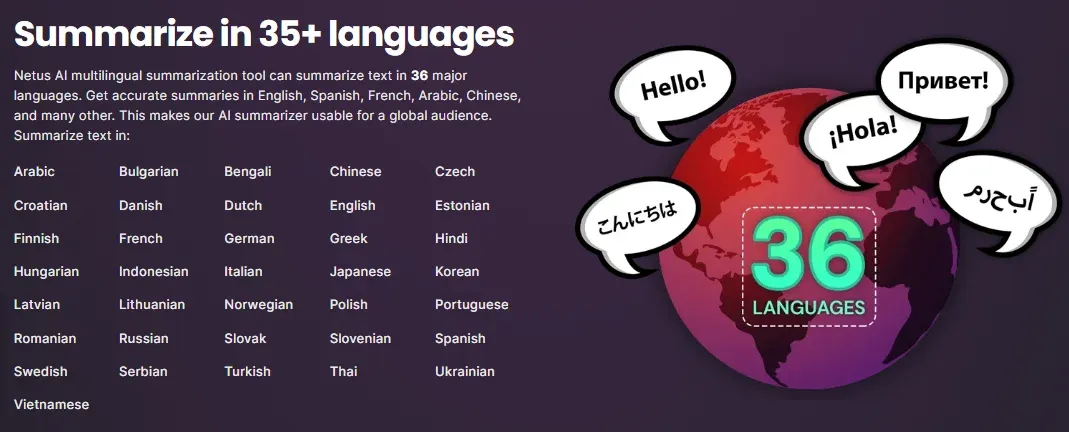 Graphic illustrating NetusAI's support for 35+ languages and clean translation features.