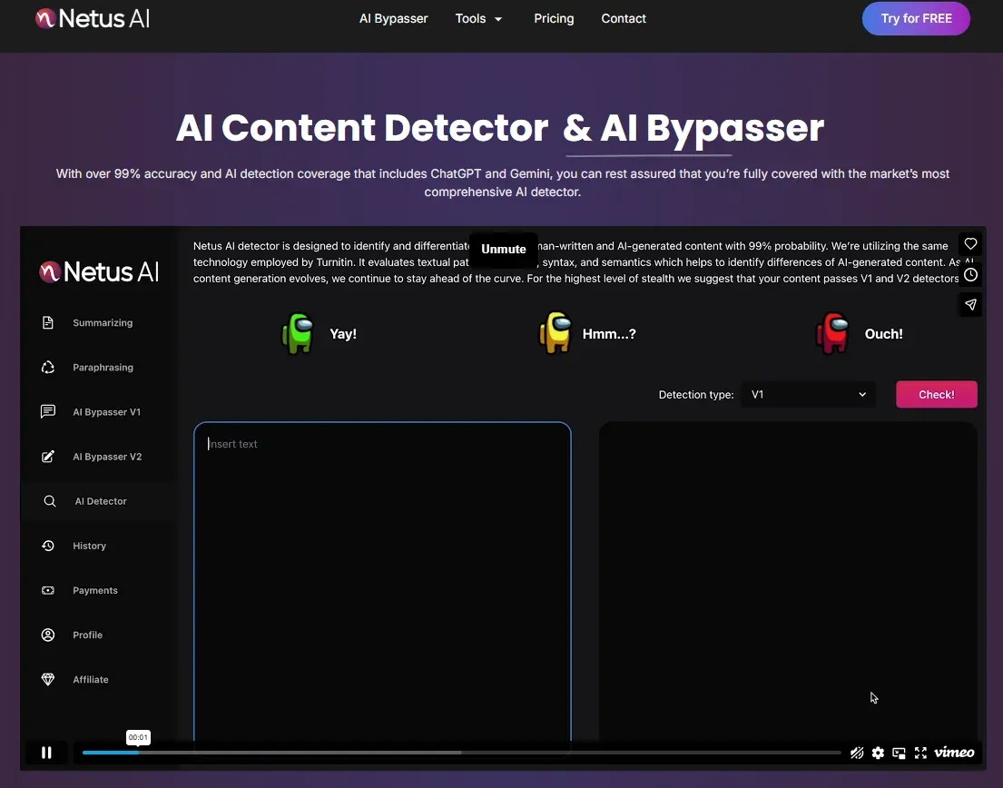 Screenshot of the NetusAI one-tab content lab interface showing the rewrite, detect, test, and summarize tools.