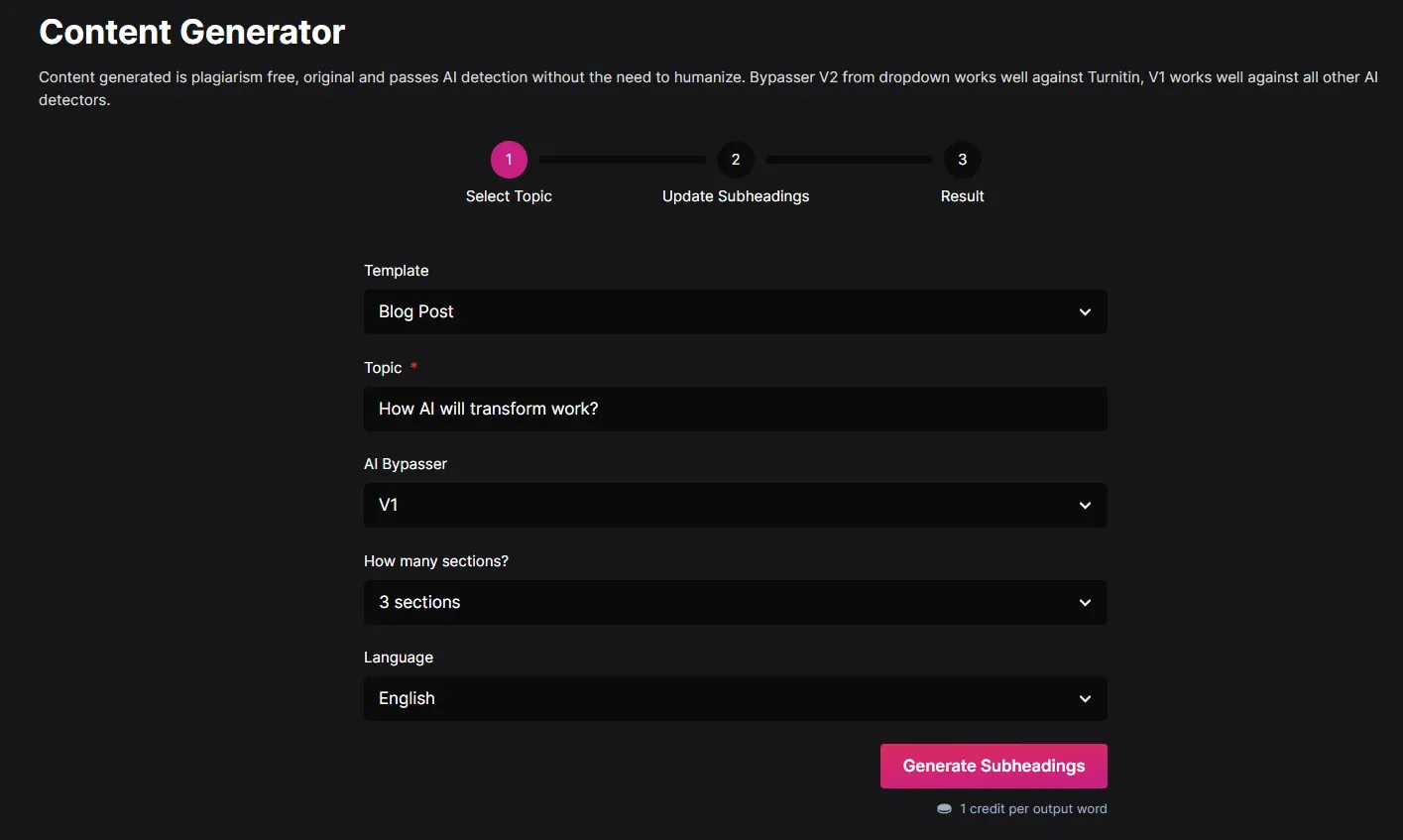 NetusAI user interface showing plagiarism-free content generator, NetusAI