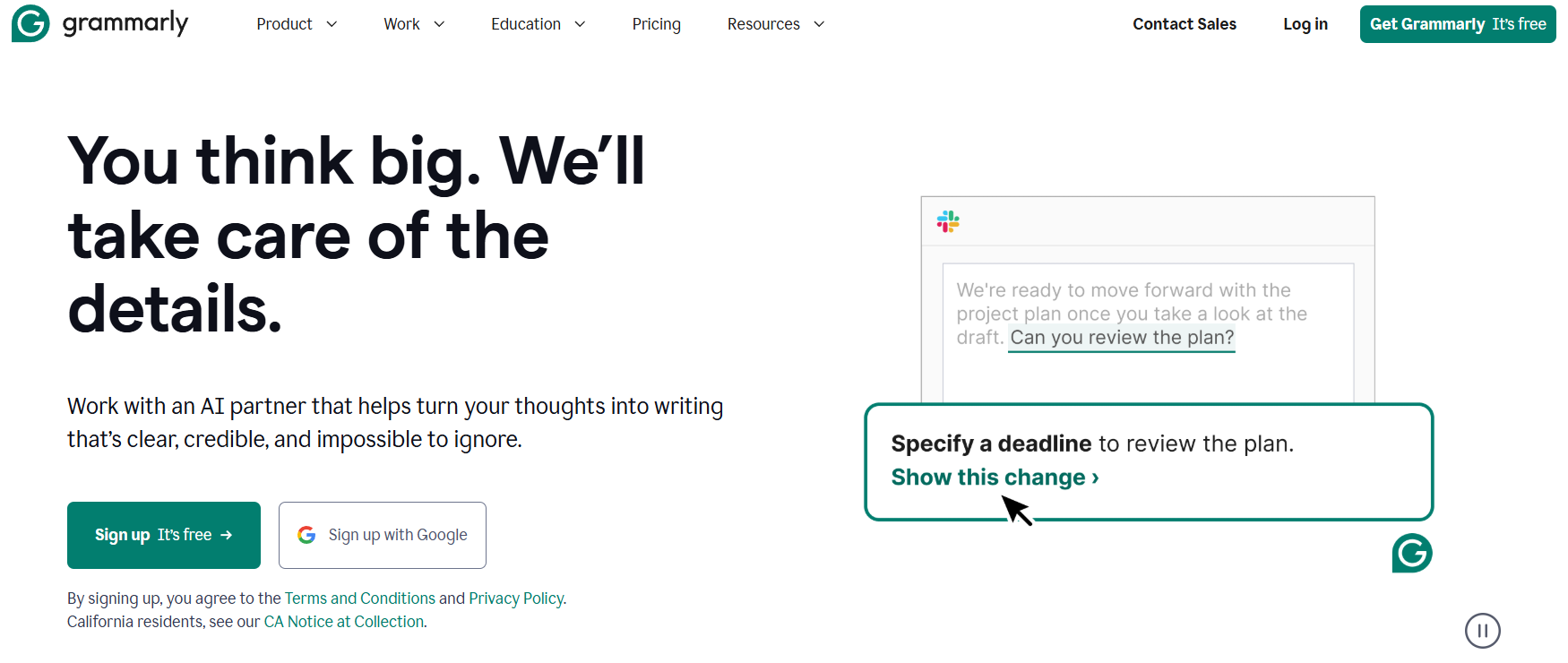 Grammarly website is shown, displaying its features.