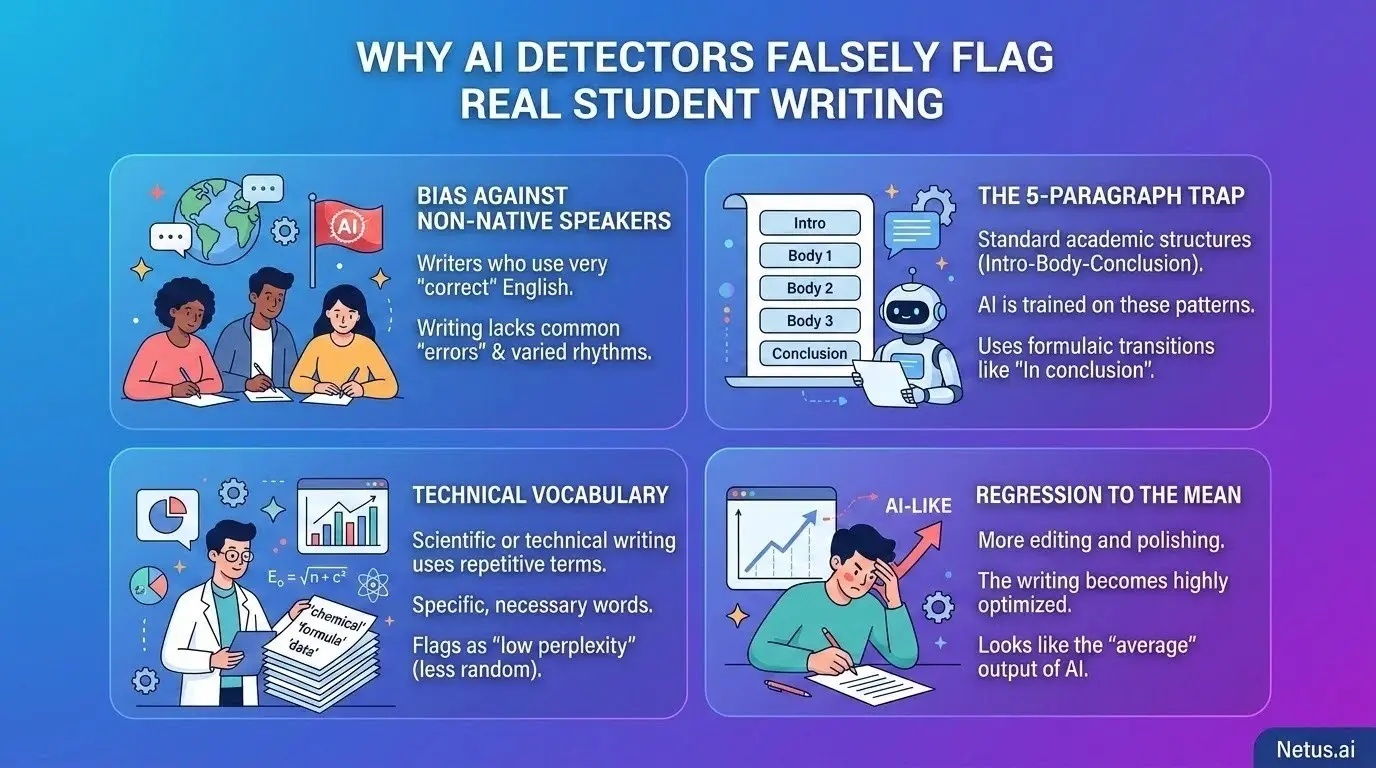 Illustration of what factors cause AI detectors to falsely flag human-written student essays?