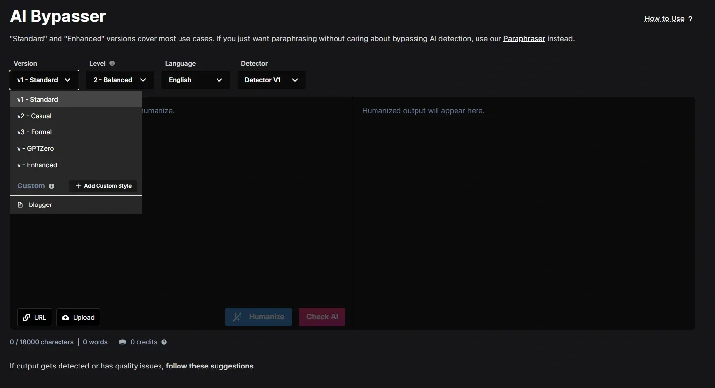 Snippet of NetusAI bypasser showing drop-down options targeting different AI detectors.