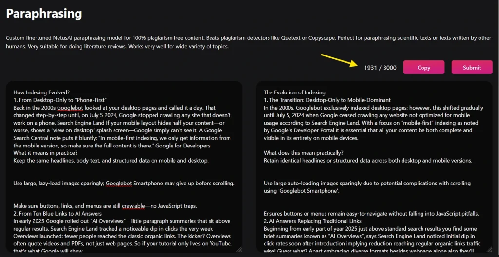 Netus.ai AI paraphrasing tool interface showing a character input limit and options to copy or submit rewritten content.