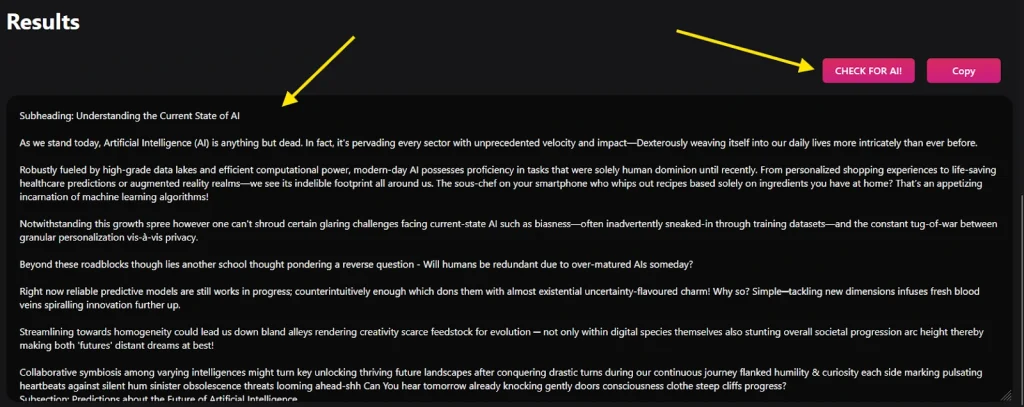 generated result with options to "Check for AI" or copy.