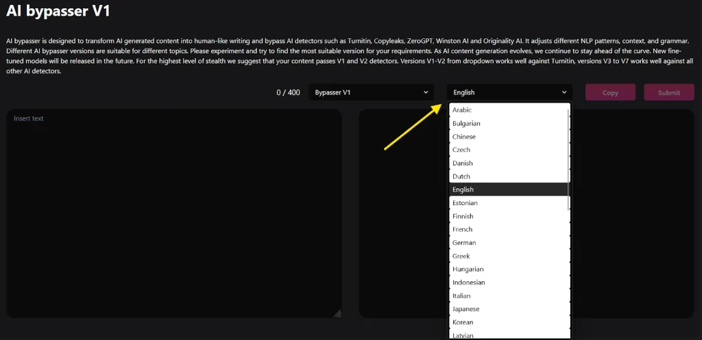 Netus AI Bypasser V1 interface showing a dropdown list of supported languages.