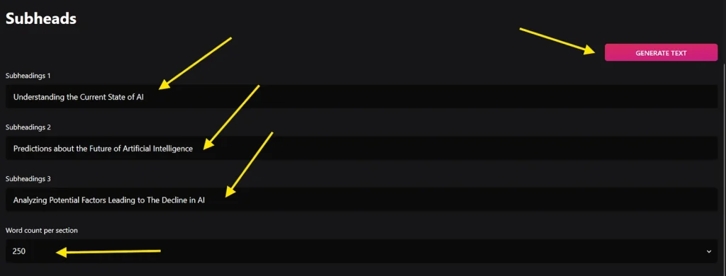 Netus AI content generator showing subheadings and word count input