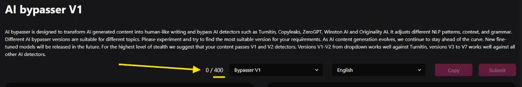 Netus.ai AI Bypasser V1 interface with a character input limit, version selector and buttons to copy or submit text.