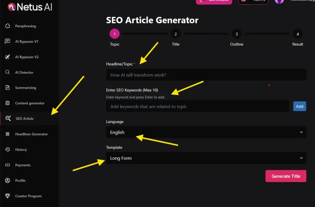 NetusAI SEO Article Generator with topic, keywords, Template and language is mentioned