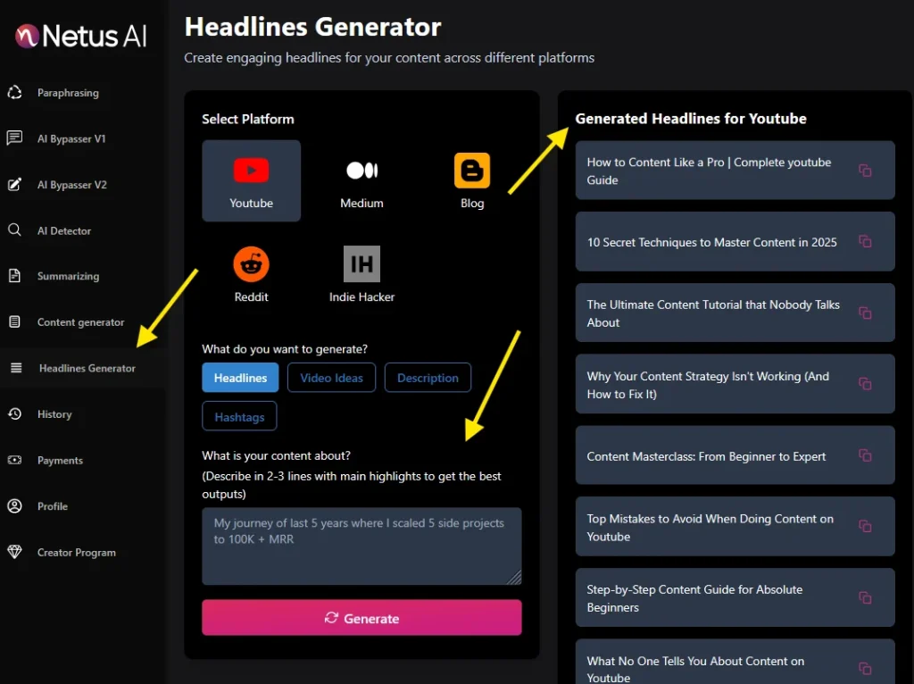 NetusAI AI Headlines generator Create engaging Headlines for your content across different platforms