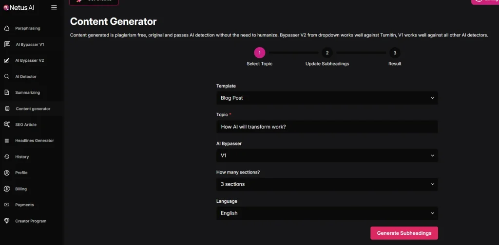 NetusAI Content Generator with template, topic, Bypass version, Sections and language is mentioned