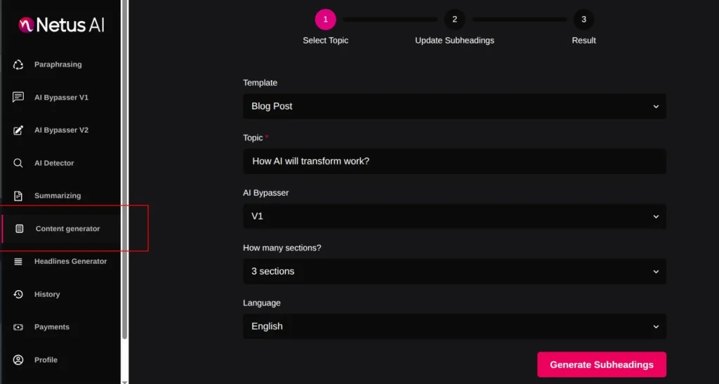 NetusAI Content Generator with template, topic, Bypass version, Sections and language is mentioned