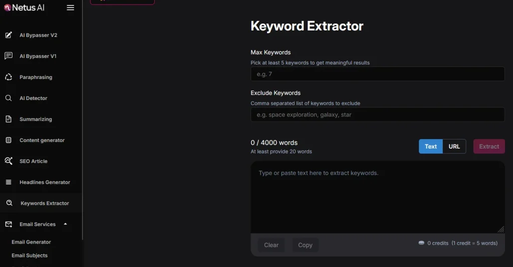 NetusAI’s Keyword Extractor with max keywords,and exclude keywords is mentioned