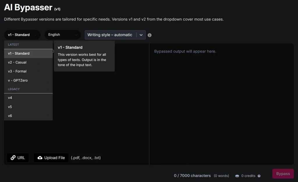NetusAI AI Bypasser V2 interface showing AI Detector toggle, 7000-character input limit and version dropdown.