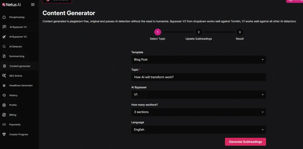 NetusAI Content Generator with template, topic, Bypass version, Sections and language is mentioned