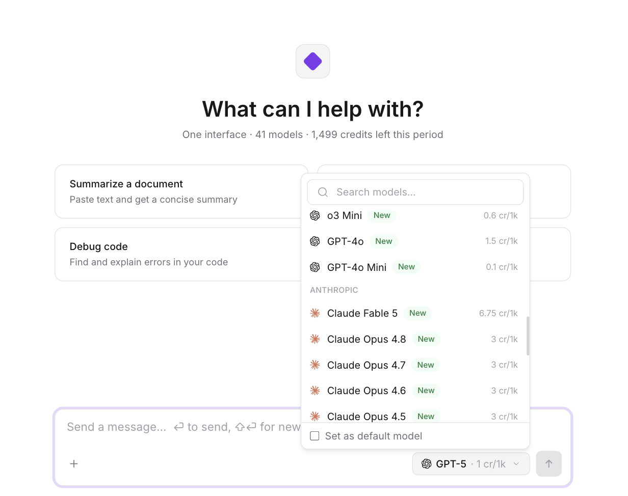 NetusAI Chat composer with the model picker open, listing GPT, Claude, Gemini, and Grok models with credit rates
