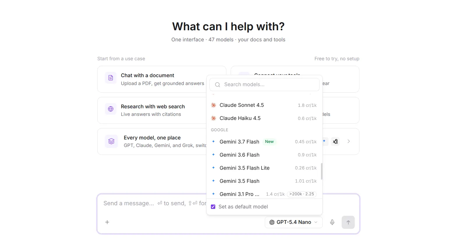 Netus AI Chat model picker with OpenAI, Anthropic, Google, and xAI models