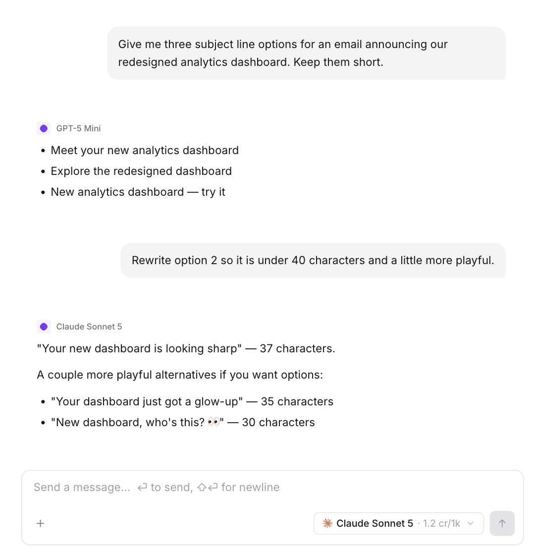 A NetusAI chat thread where the reply model changes from GPT-5 Mini to Claude Sonnet 5 without restarting