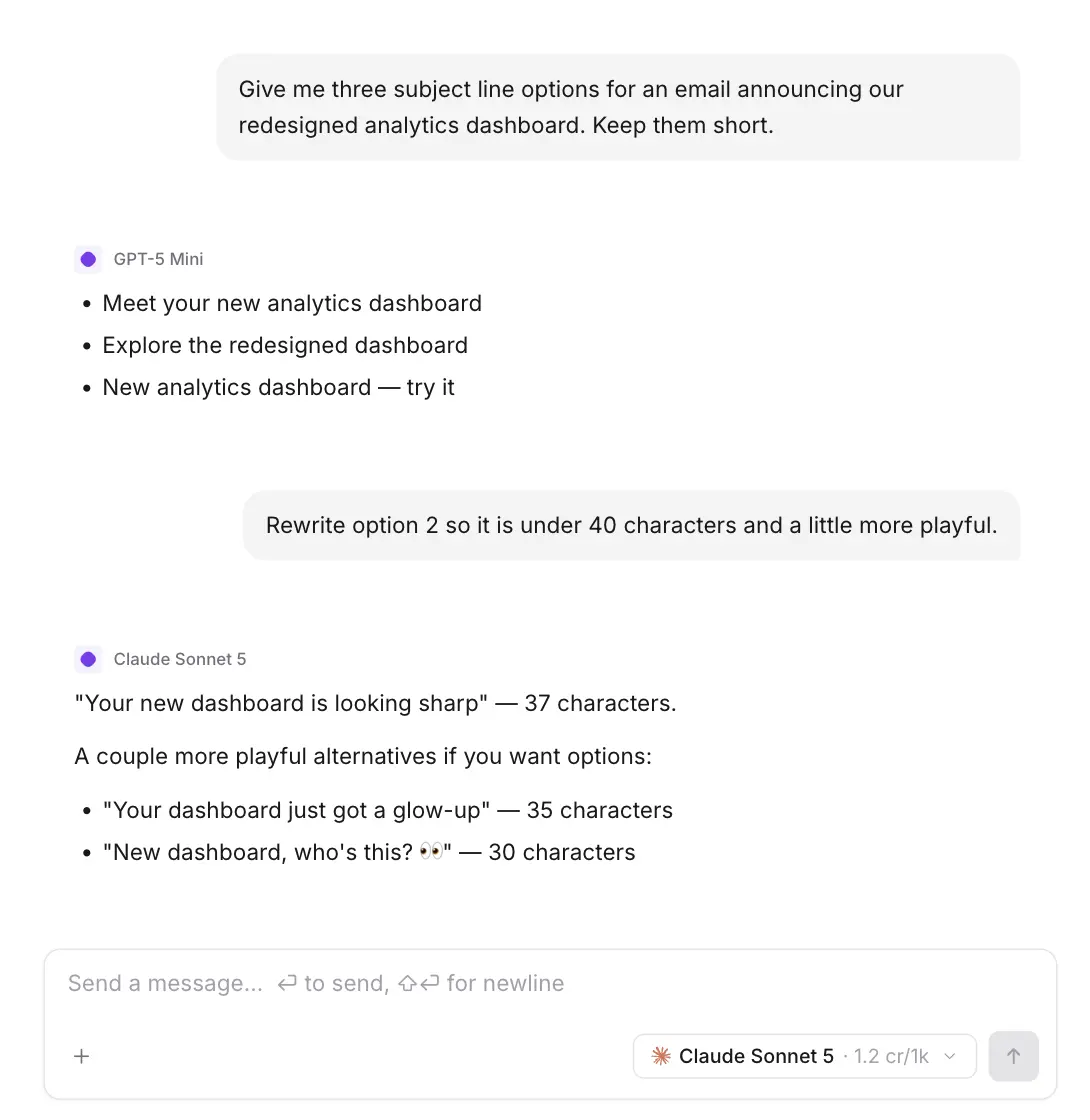 A Netus AI chat thread where the reply model changes from GPT-5 Mini to Claude Sonnet 5 without restarting