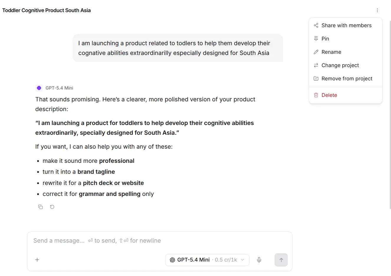 Netus AI share dialog confirming organization members can read a shared chat but not respond