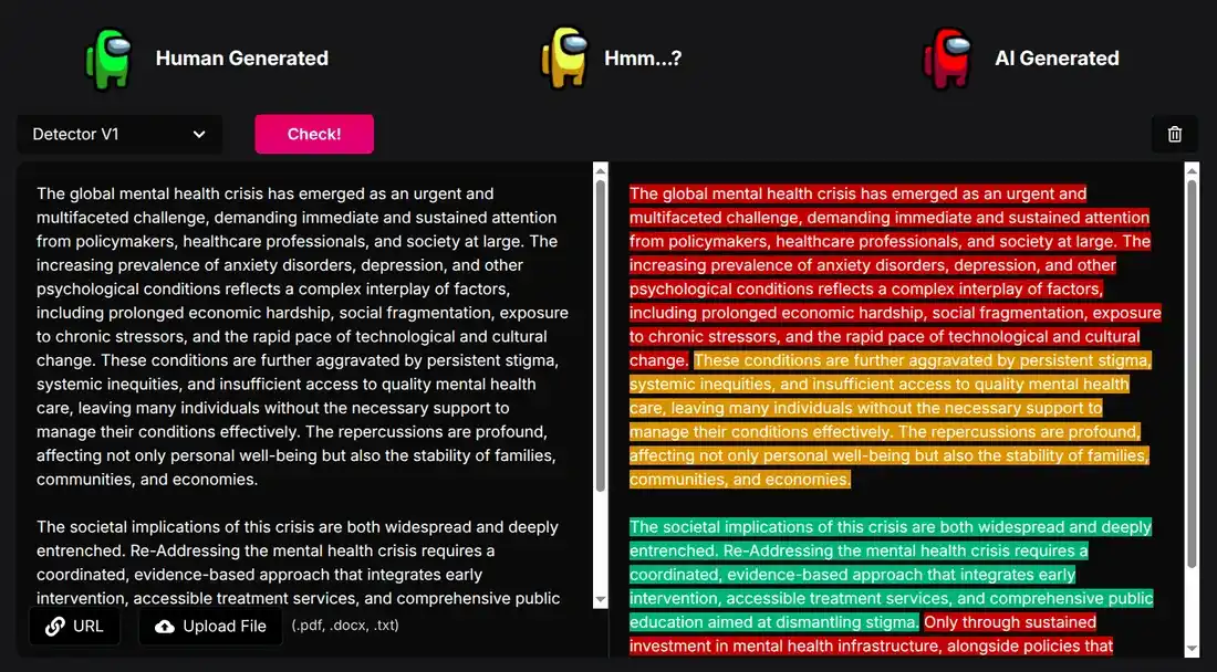 Netus AI detector interface showing different colors to indicate if the text is AI or not AI.