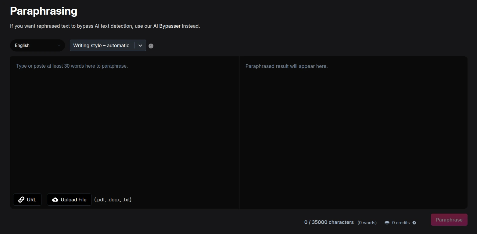 NetusAI Paraphraser interface. There is a language dropdown, url input, upload files input, custom writing style option and a paraphrase button.