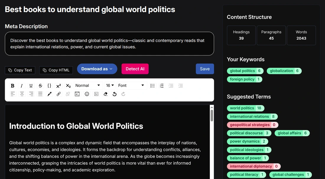 Netus AI article generator interface. An AI generated article is shown with options to edit, download and copy