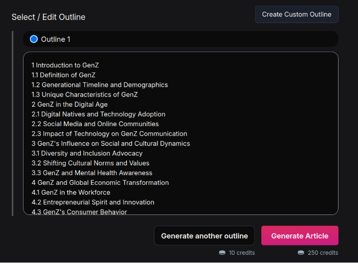 NetusAI allows outline generations for articles that can be customized later.