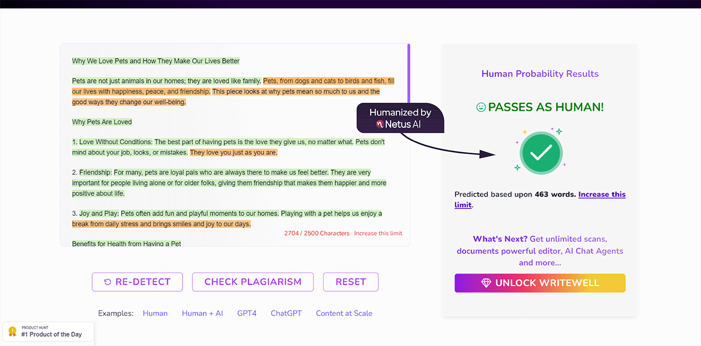 Screenshot of "Content at Scale" AI detection result on a piece of text. The AI detection result indicates that the text is human written.
