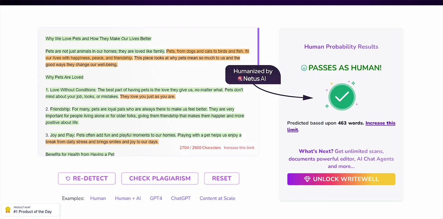 Content at Scale's scan for Netus AI bypassed text. The AI detection result shows that the text is human written.