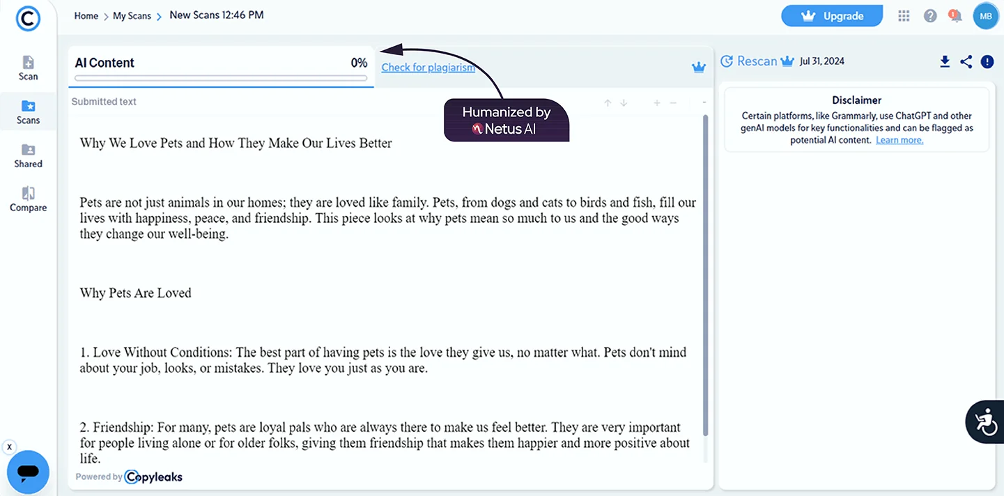 CopyLeaks scan for text generated by Netus AI bypass tool. The AI detection result indicates that AI text is 0%.