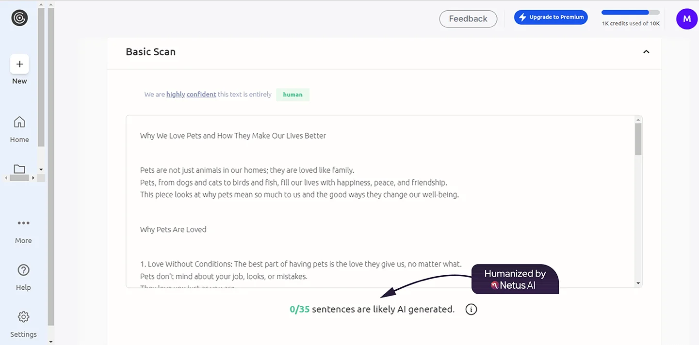 GPTZero's AI writing scan for text generated by Netus' bypass AI tool. The result shows 0% of the text is AI written.