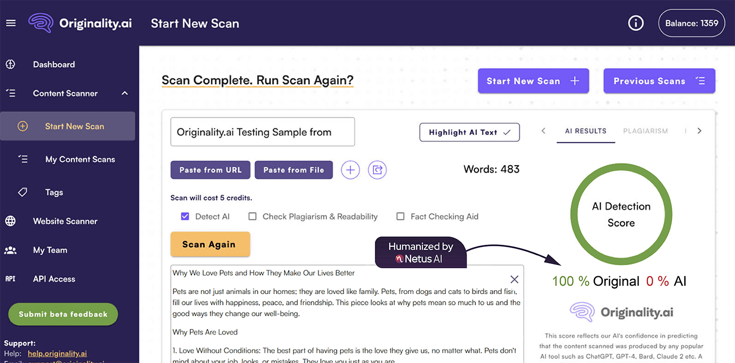 Screenshot of a Originality.ai scan. The AI detection result indicates 0% of the text is AI written.