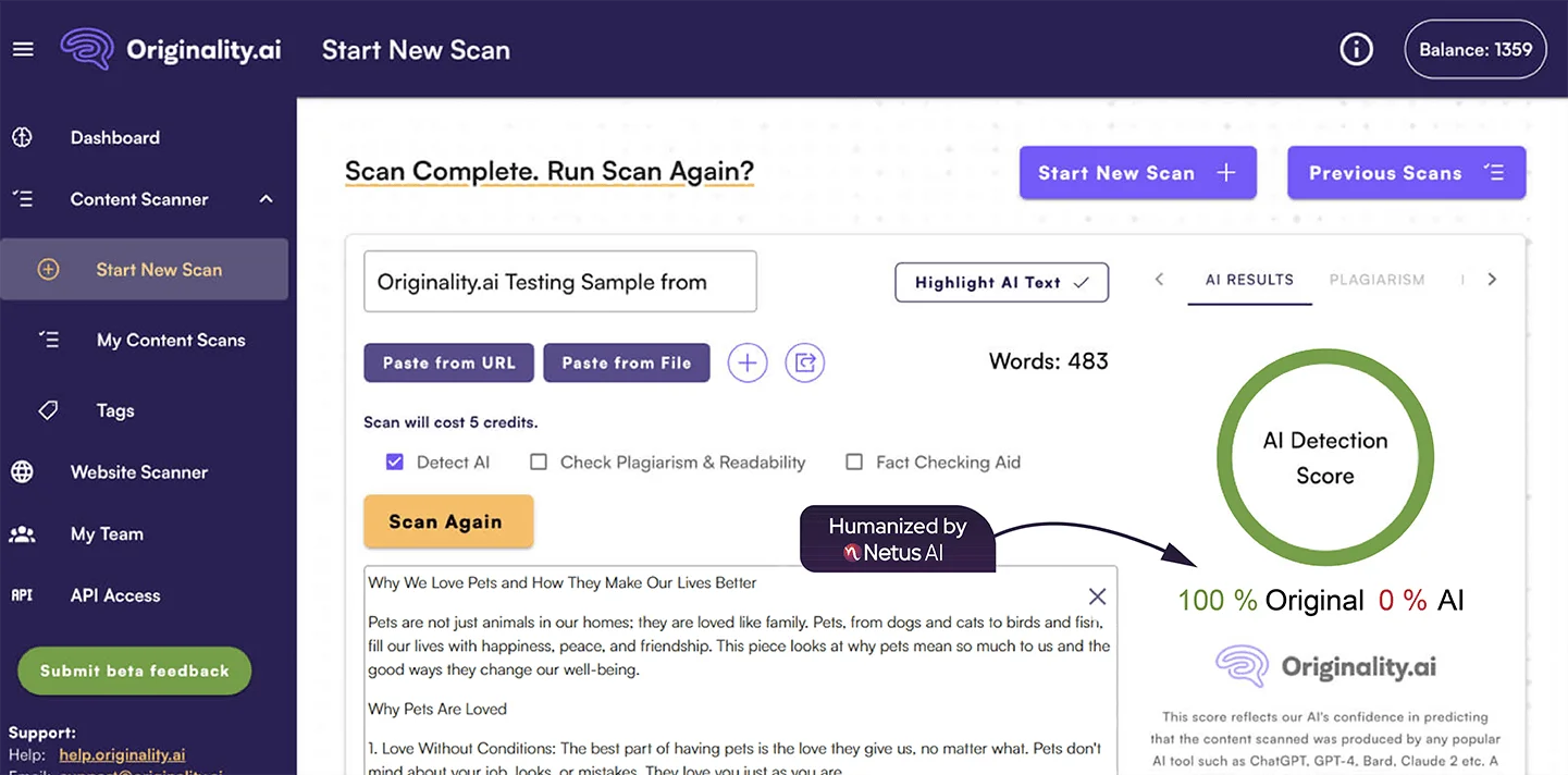 Originality.ai scan for text generated by Netus AI bypass tool. The AI detection result shows 0% of the text is AI written.