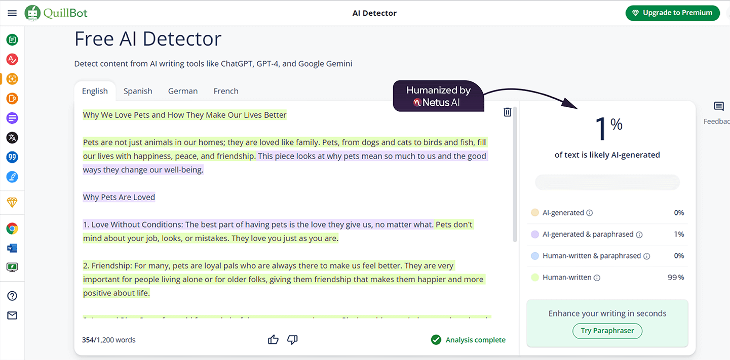 Screenshot of QuillBot AI detection result on a piece of text. The AI detection result indicates that AI text is 1%.