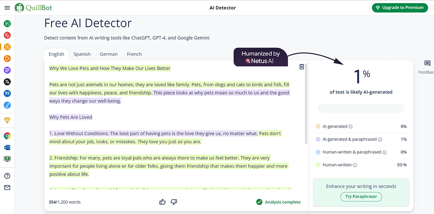 QuillBot's scan for text generated by Netus' bypass ai tool. The AI detection result indicates that AI text is 1%.
