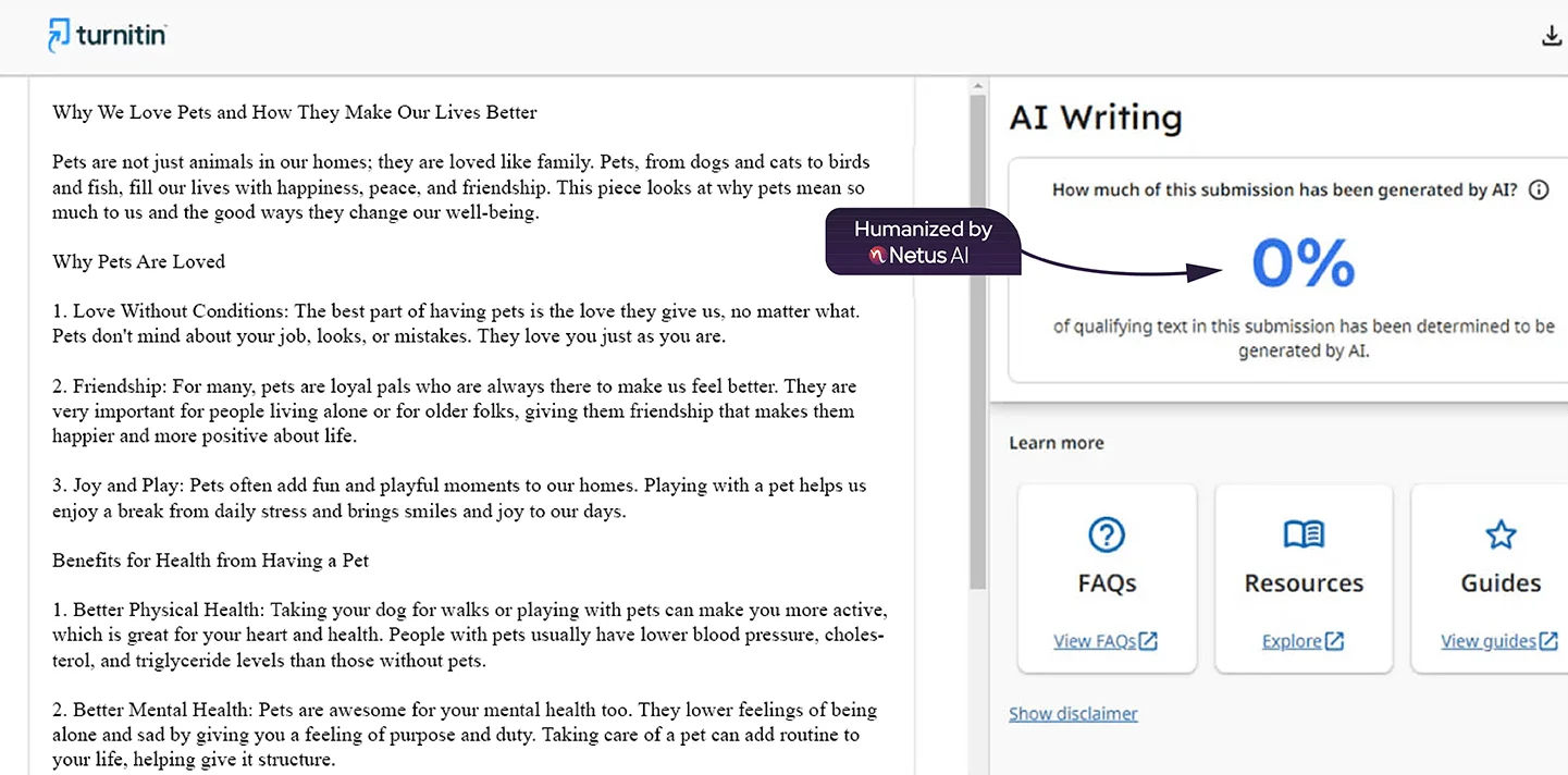 Turnitin's scan for text generated by Netus AI bypasser. The result shows 0% of the text is AI written.