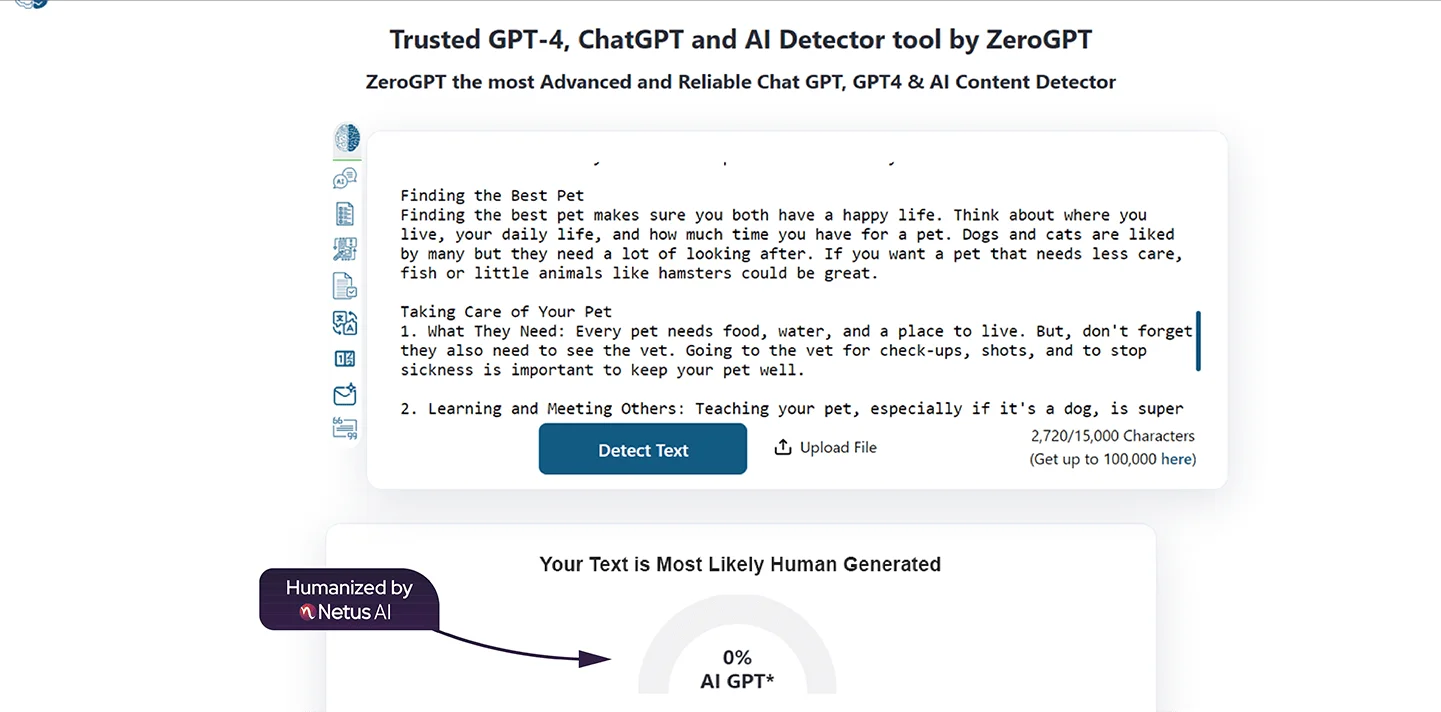 ZeroGPT's scan for text generated by Netus AI bypasser. The AI detection result shows that AI text is 0%.