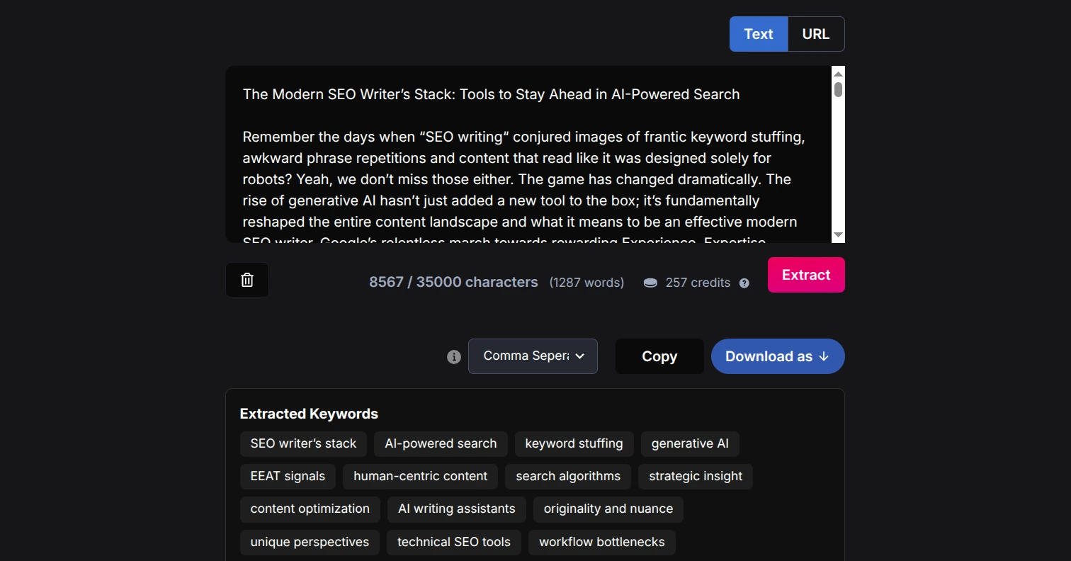 Netus AI keyword extractor interface. There are options for selecting text or URL inputs and an extract button.
