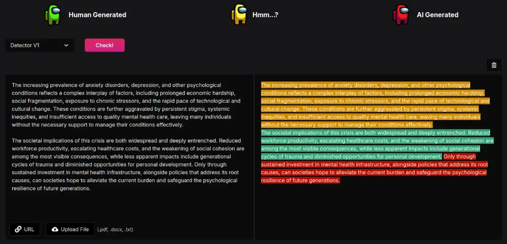 Detection output for Netus' AI writing detector. AI sentences are colored green, uncertain ones in yellow and humanized sentences in green.