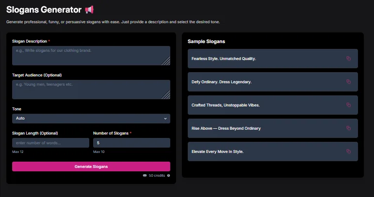 NetusAI Slogan Generator App Page, NetusAI