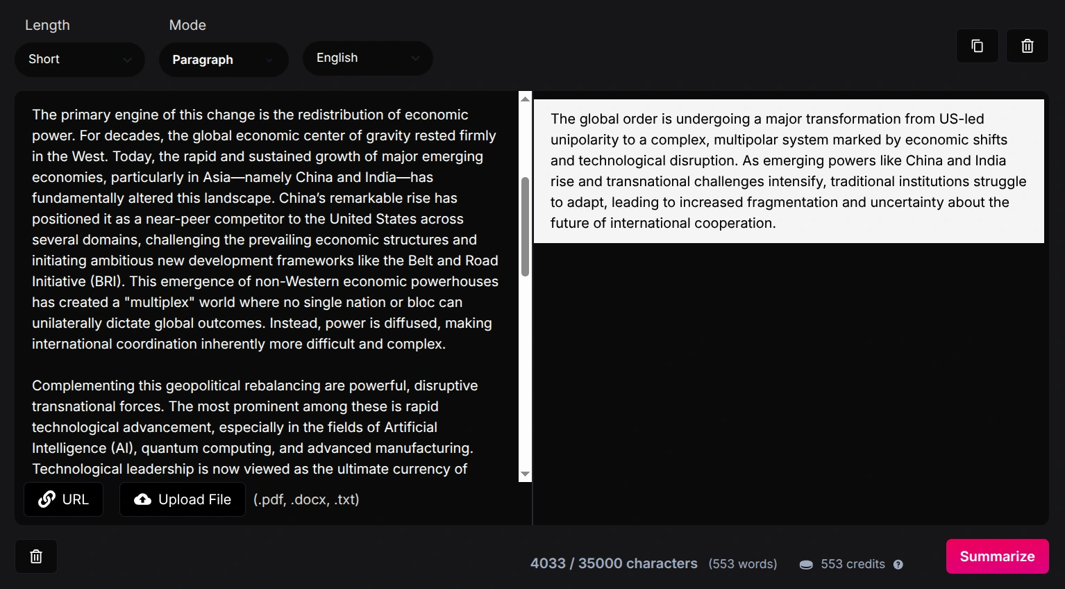 Netus AI Summarizer interface. There are inputs for selecting language, length and output format and a summarize button.