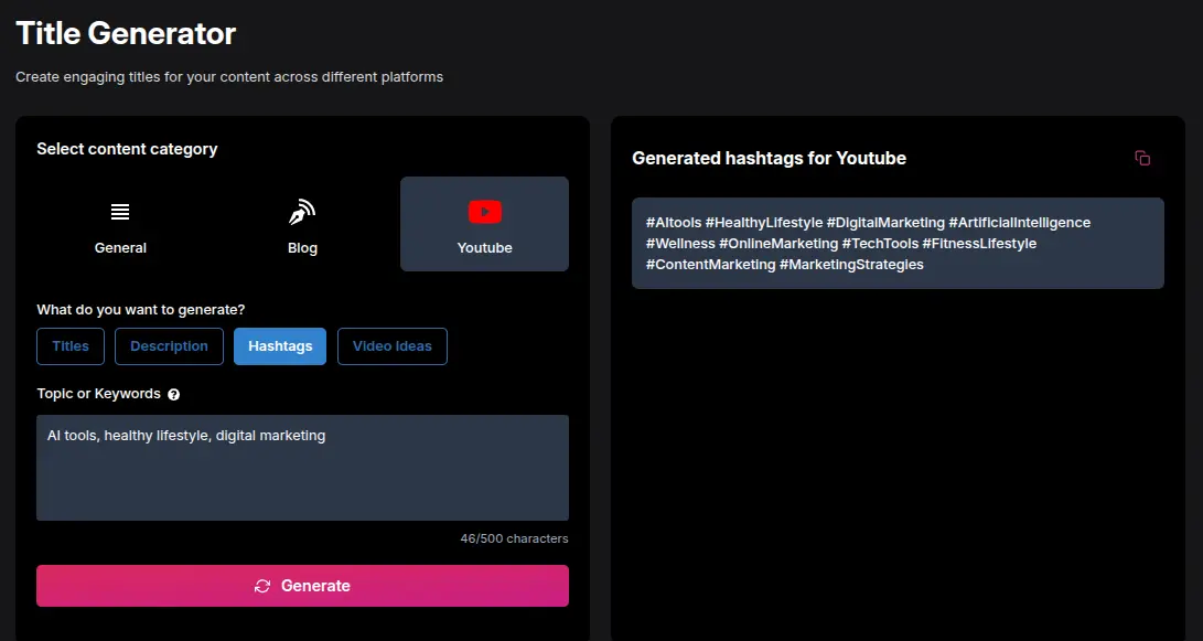 AI-powered YouTube Hashtag Generator displaying trending and relevant hashtags for videos